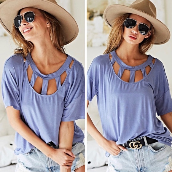 Caged short sleeve top in dusty blue lilac - Picture 3 of 5